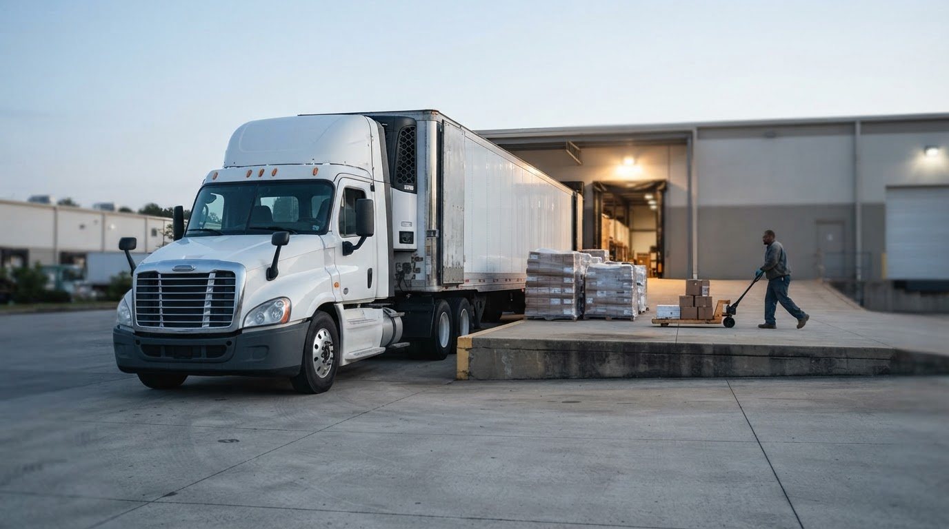 A clean, well-kept tractor-trailer pulled tight to a warehouse loading dock at first light, the cab facing camera-left